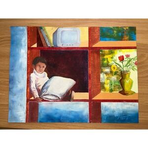 Oil painting original On Paper Refugio‎ II Boy With Pillow Still Life 9"x12"